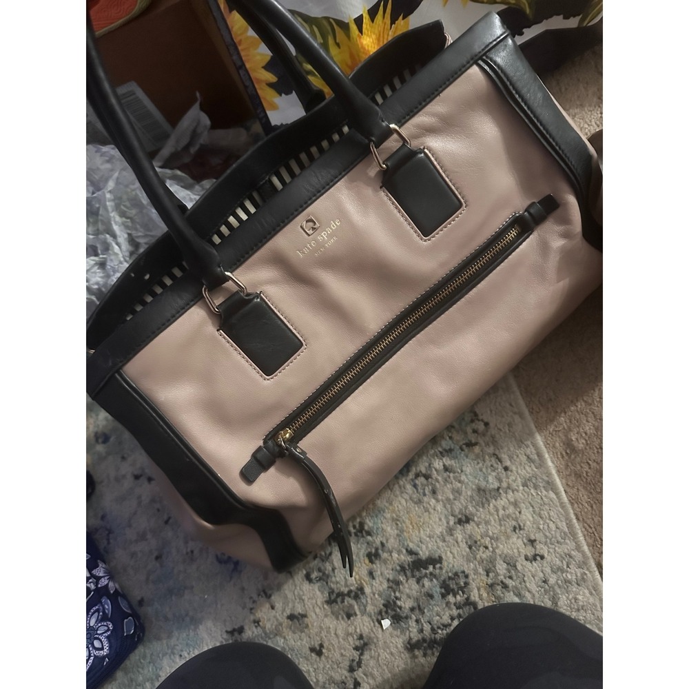 Kate Spade New York Two Tone Leather Satchel Bag Beige Black Striped Lining